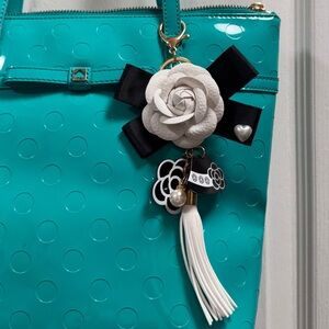 Large white Rose Keychain / bag charm with bow & other bling can attach to purse